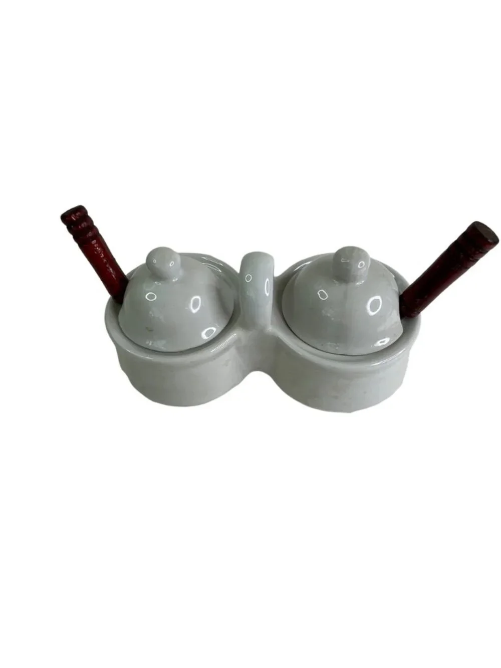 Vintage Houston Harvest White Ceramic Double Condiment Server Set Wood Spoons